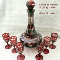 herrliche Kristallkaraffe mit 6 Gläsern * Böhmisches Überfangglas rubinrot Bohemia