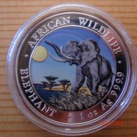1 oz Silbermünze Somalia Elefant (Elephant) 2016 coloriert, in Münzkapsel