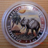 1 oz Silbermünze Somalia Elefant (Elephant) 2017 , coloriert, in Münzkapsel