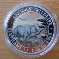 1 oz Silbermünze Somalia Elefant (Elephant) 2019 , coloriert, in Münzkapsel