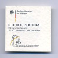 Zertifikat Original für 100 Euro Goldmünze 2012 Dom zu Aachen nur Zertifikat