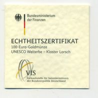 Zertifikat Original für 100 Euro Goldmünze 2014 Kloster Lorsch nur Zertifikat