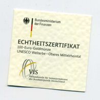 Zertifikat Original für 100 Euro Goldmünze 2015 Oberes Mittelrheintal nur Zertifikat