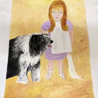 Kleines Mädchen mit Hund, Aquarell 50 x 35cm, Kinderzeichnung 1980er Jahre