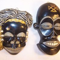 2 handbemalte afrikanische Gips-Masken - Bajokwe / Kongo & Ibibo / Nigeria