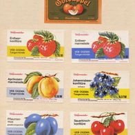 7 diverse Marmelade-Konfitüre-Etiketten - VEB OGEMA Tangermünde - DDR um 1989