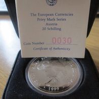 Australien Kookaburra 1999 Privy Mark Österreich, 1 oz 999 Silber, Zertifikat