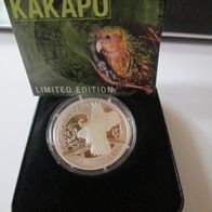 New Zealand Kakapo 2009, 1oz 999 Silber Proof, Box u. Zertifikat