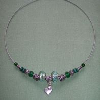 17x Beads Perlen auf Edelstahl Halsreif Schmuck Silber Grün Herz Kette