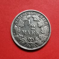 1/2 Mark Deutsches Reich, 1918 F in 900er Silber