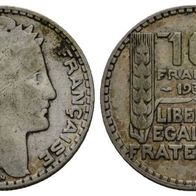 Frankreich Kleinmünze Silber 10 Francs 1933 s. Original-Scan