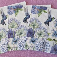 3 schöne Servietten mit Kolibri, blaue Blumen, Vogel Serviettentechnik