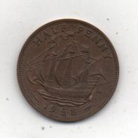 Münze England Half Penny Queen. 1958