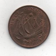 Münze England Half Penny Queen. 1954