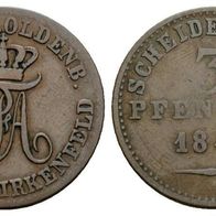 Altdeutschland Kleinmünze Oldenburg / Birkenfeld 3 Pfennig 1848 Paul Friedrich August