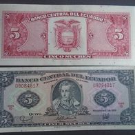 Banknote Ecuador: 5 Sucres 1988 - Bankfrisch