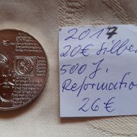 Deutschland: 20 Euro 2017 -500 J. Reformation- in Ag, Stgl.