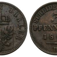 Altdeutschland Kleinmünze Preußen 3 Pfennige 1867 B, sehr schöne Erhaltung