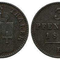 Altdeutschland Kleinmünze Waldeck 3 Pfennig 1867 B, sehr schöne Erhaltung