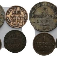 Altdeutschland Preussen 4 Stück 3 Pfennig 1864 u. 3 x 1 Pfennig sehr schöne Erhaltung