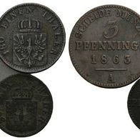 Altdeutschland Preussen 3 Stück 3 Pfennig 1863 u. 2 x 1 Pfennig sehr schöne Erhaltung