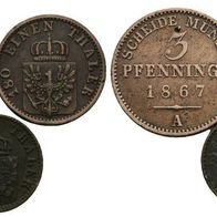 Altdeutschland Preussen 3 Stück 3 Pfennig 1867, 2 u. 1 Pfennig sehr schöne Erhaltung