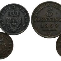 Altdeutschland Preussen 3 Stück 3 Pfennig 1869, 2 u. 1 Pfennig sehr schöne Erhaltung