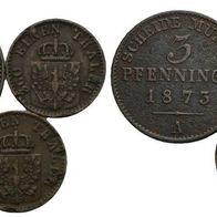 Altdeutschland Preussen 3 St. 3 Pfennig 1873, 2x1 Pfennig 1868 sehr schöne Erhaltung