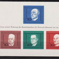 Bn084 Bundesrepublik - Mi. Nr.554-557 =Block4 - 1. Todestag von Konrad Adenauer * * <