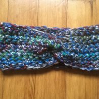 Gehäkeltes Twist-Stirnband aus weicher Wollmischung (Handmade, Handarbeit) grün, blau