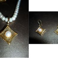 Kette-Clipanhänger-Ohrhänger-Ring Perlen-Set 925 Silber vergoldet