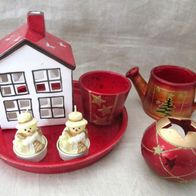 Weihnachten * Set rote Weihnachtsdeko aus keramik mit Teelicht-Haus