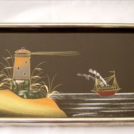 schönes altes Tablett 21 x 35 *  Holz Metallrahmen + Griffe & Glas Motiv Leuchtturm