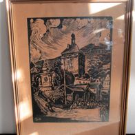 altes Bild Linolschnitt gerahmt * Karlsbad * 1951 Rahmengröße 44 x 58 cm