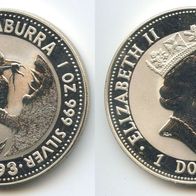 Australien Silbermünze PP 1 Oz Kookaburra 1 Dollar 1993 Jägerliest mit Eidechse