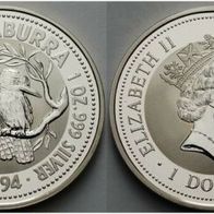 Australien Silbermünze PP 1 Oz Kookaburra 1 Dollar 1994 Jägerliest auf Zweig