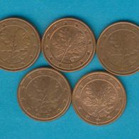 Deutschland 5 Cent alle aus 2008 kompl. A, D, F, G, J.