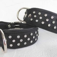 WINDHUND Lederhalsband Mit Kristallen – Halsumfang 33–38 Cm, 60 Mm Breit, Schwarz-weiß