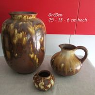 KULT DDR Hausrat 3 Stück Vase Blumenvase braune Keramik in Lava-Optik
