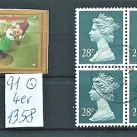 GB 1991 " Qu. Elisabeth II Mi 1358 Freimarken 4er ZD Gestempelt ° Großbritannien 28 p