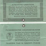 1973 Garantie Urkunde Nr. 31084 Radio-Haus Lehmensiek
