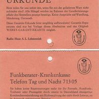 Garantie Urkunde Radio-Haus A.L. Lehmensiek von 1973