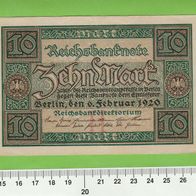 alte, bestens erhaltene Reichsbanknote, Zehn Mark, 1920   