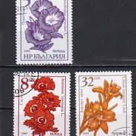 Bulgarien, 1985 Mi. 3407, 1986 Mi. 3490,3491, Gartenblumen, 3 Briefm., gest.
