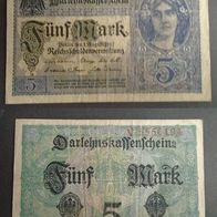 Banknote Deutsches Reich: Darlehnenskassenschein 5 Mark 1917 - sehr gut