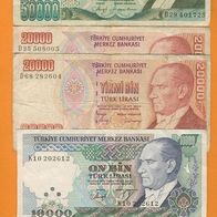 Türkei Lot von 9 Banknoten 4x 1000 + 1x 5000 1x 10000 2x 20000 1x 50000 Bin Lire