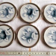 6 herrliche alte Keramik Untersetzer mit Metallmontur Jugendstil Spritzdekor Birne