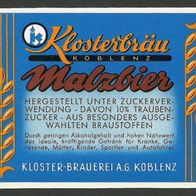 Bieretikett "Malzbier" Kloster-Brauerei A.G. (bis 1986) Koblenz Rheinland-Pfalz