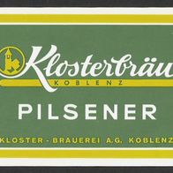 Bieretikett "PILSENER" Kloster-Brauerei A.G. (bis 1986) Koblenz Rheinland-Pfalz