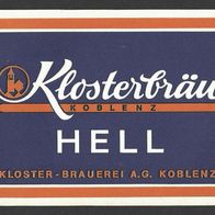 Bieretikett "HELL" Kloster-Brauerei A.G. (bis 1986) Koblenz Rheinland-Pfalz